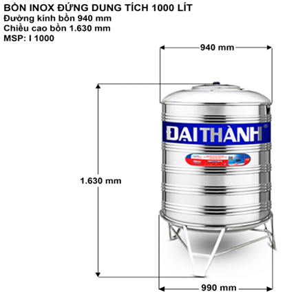 Bồn nước inox Đại Thành 1000 Lít đứng