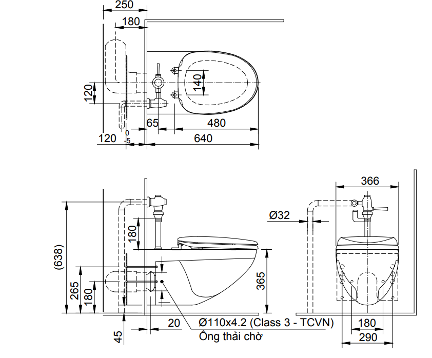 Bản vẽ kỹ thuật chi tiết bàn cầu treo tường AC-22PVN
