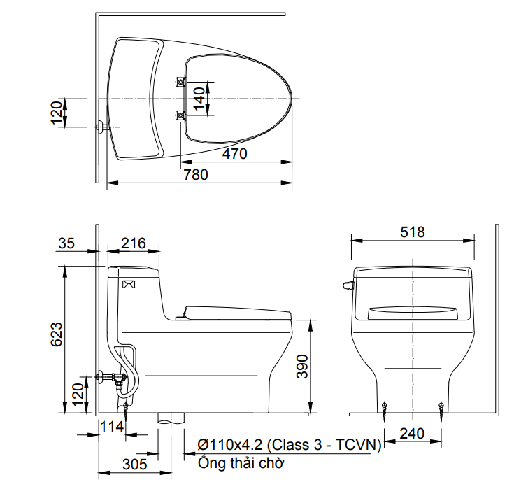 Hình ảnh bản vẻ kỹ thuật bàn cầu 1 khối  Inax AC-4005VN màu trắng